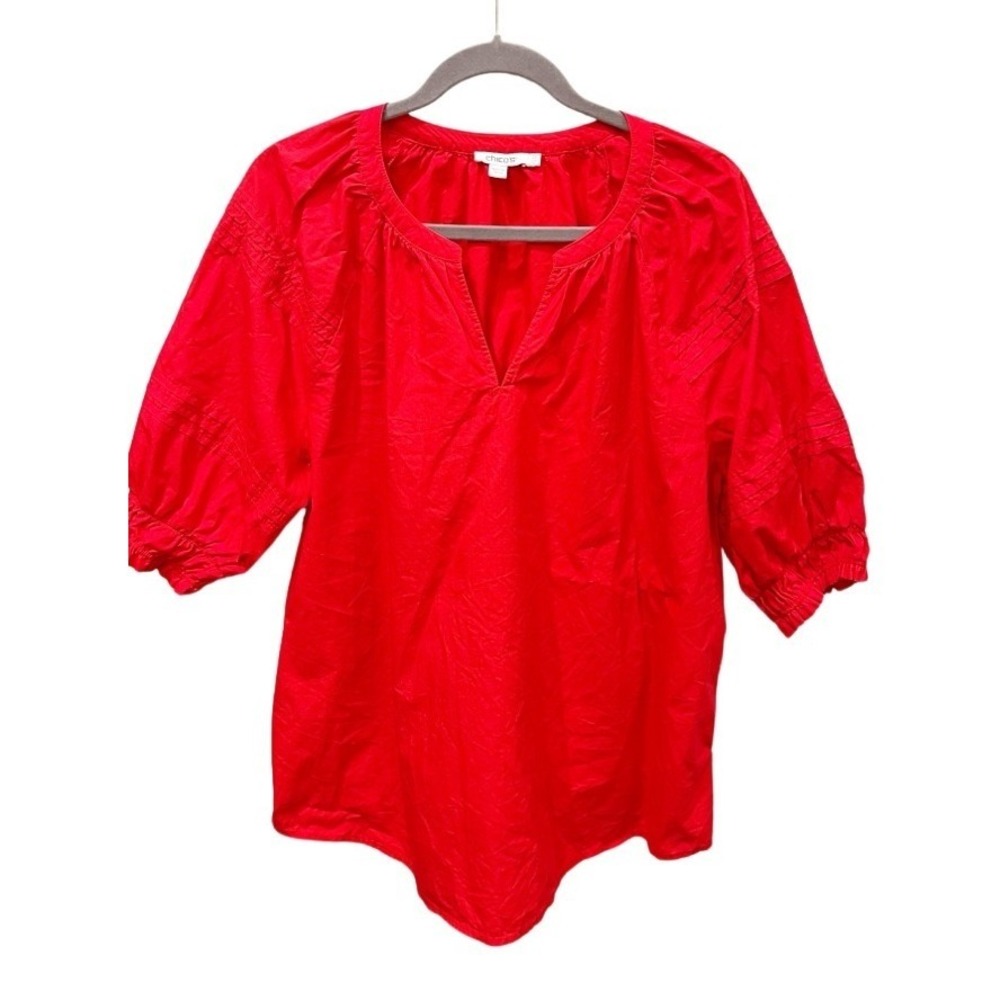 Chicos Red Cotton Poplin Puff Sleeve Pintuck Blouse Size 2.5 US 14